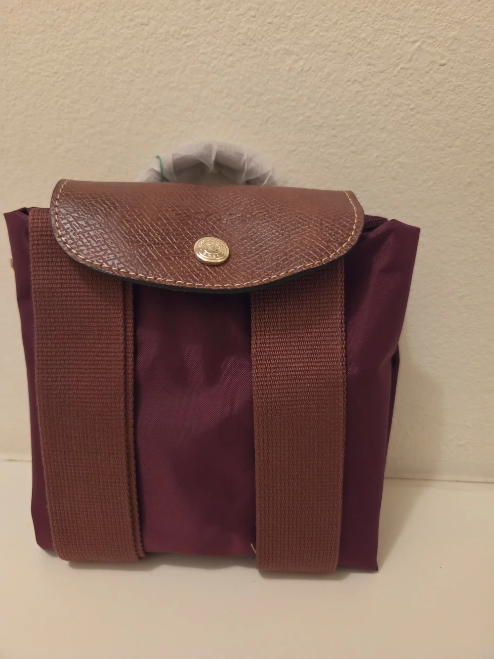 Longchamp Burgundy Nylon Backpack with Brown Leather Flap